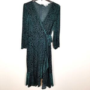 Calvin Klein, Elegant Burnout Green Leopard Print Wrap Dress, Size 12